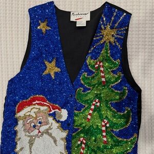Festive Blue and Green Sequin Holiday Vest